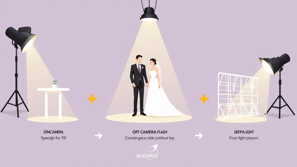 Diagram illustrating three photography lighting setups for wedding pictures, including off-camera flash for the couple.