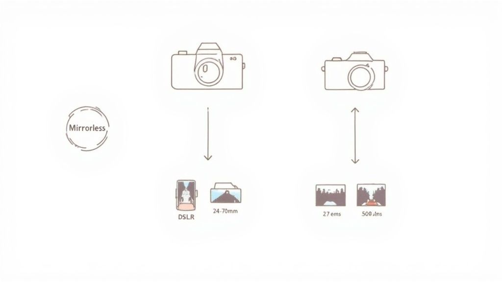 Diagram comparing mirrorless and DSLR cameras, illustrating their design differences and associated equipment.