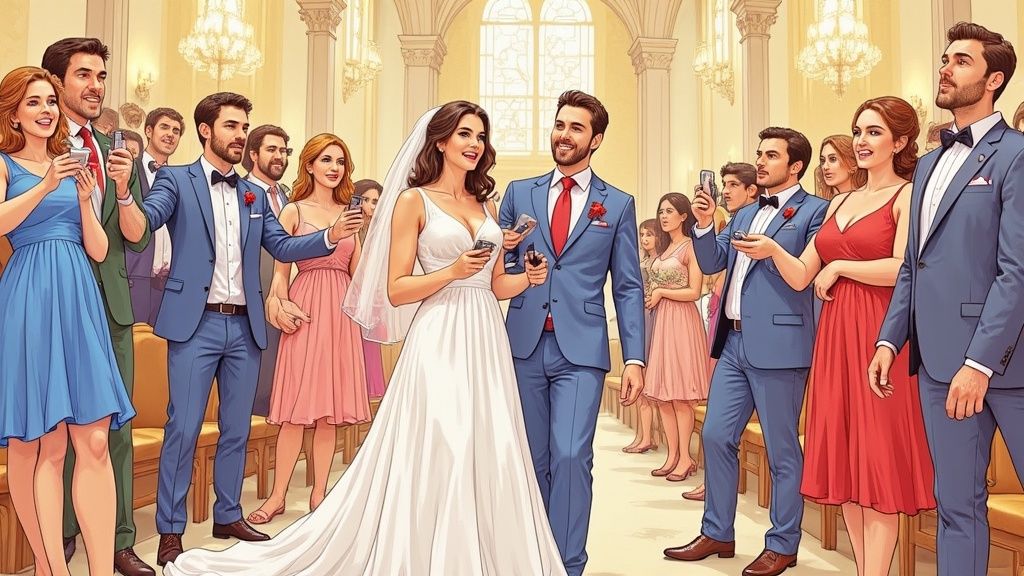 A couple looking at wedding photos on a tablet.