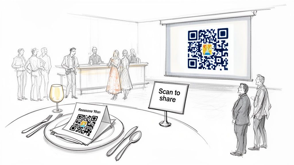 Attendees at a networking event using QR codes on a screen and table for easy sharing.
