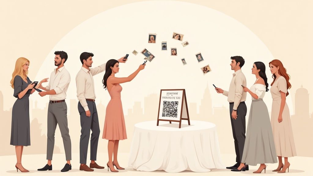 Guests at an event interact with a QR code stand, sharing photos from their smartphones.
