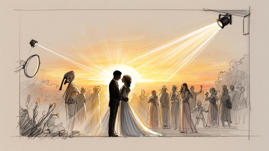 A silhouetted wedding couple stands against a bright, sun-like light, surrounded by a crowd and studio lights.