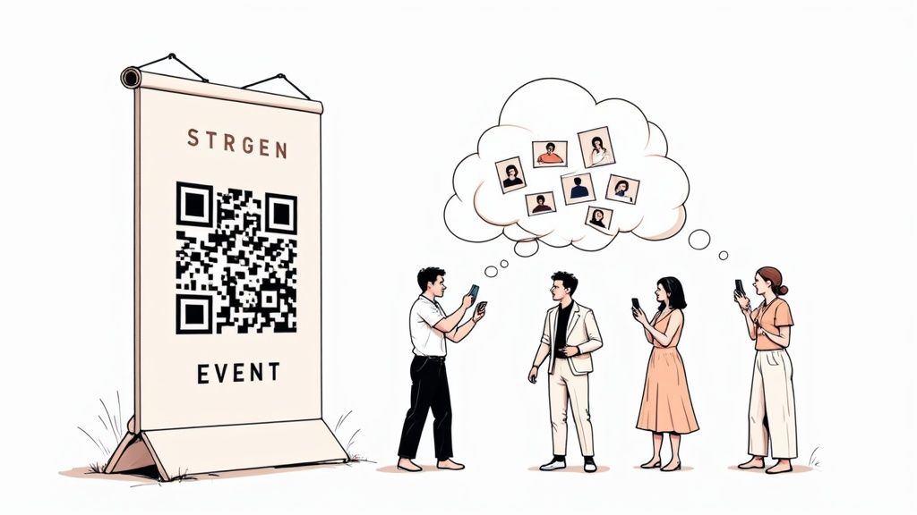 People scanning a QR code at an STRGEN EVENT, with a thought bubble of multiple small photos above them.