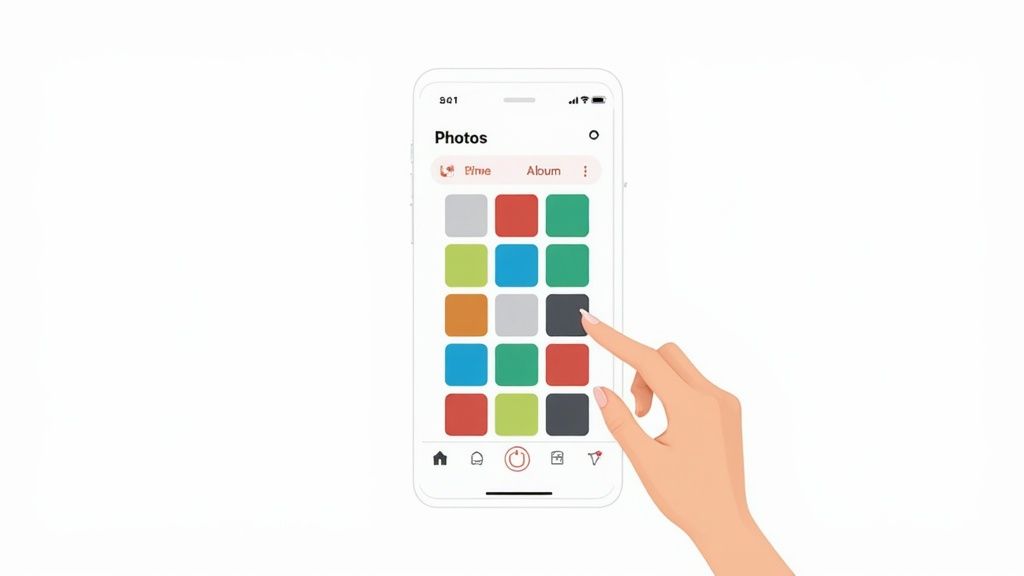 A cartoon hand taps a dark grey square on a smartphone displaying a 'Photos' app with colorful album covers.
