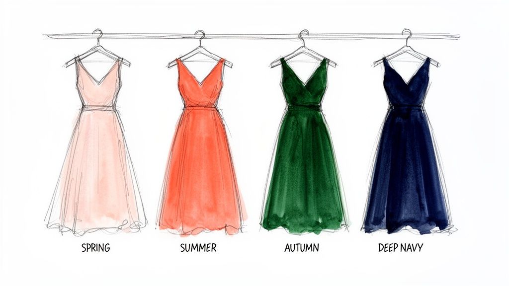 Four elegant watercolor dresses in spring, summer, autumn, and deep navy colors, hanging on a rail.