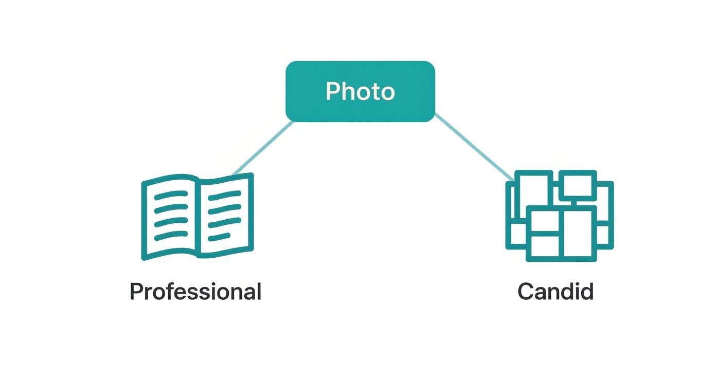 Diagram showing 'Photo' categorized into 'Professional' (with a book icon) and 'Candid' (with a photo collage icon).