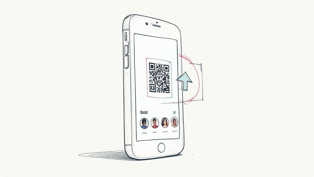 A guest uses their phone to scan a QR code at an event table, ready to upload photos.