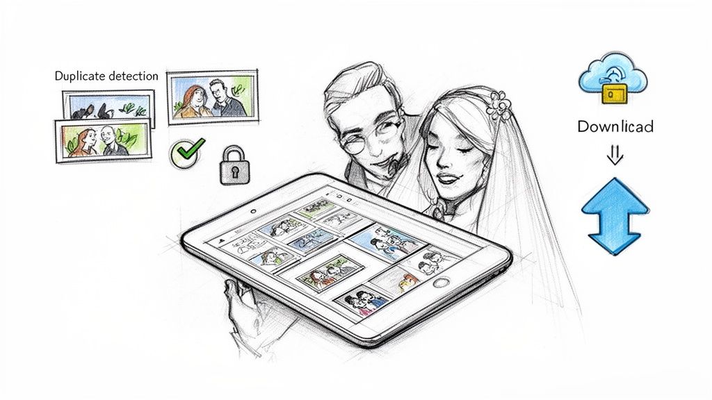 A sketch of a bride and groom looking at a tablet with photos, showing duplicate detection and cloud sync features.