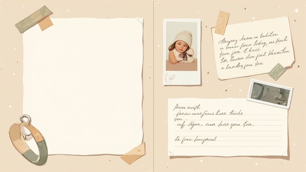 A charming vintage-style photo album spread with a baby photo, blank pages, and handwritten notes.