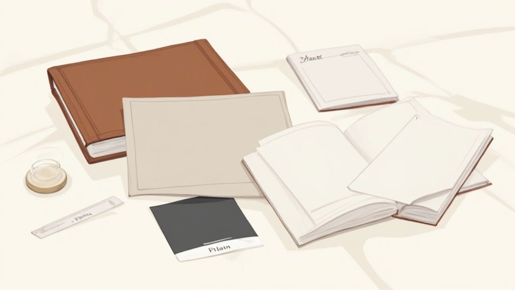 A minimalist flat lay of various books, open notebooks, papers, and writing tools on a light surface.