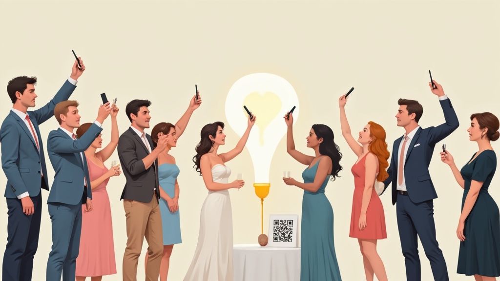 A couple at their wedding, smiling while looking at a phone, demonstrating a modern way to share wedding photos.