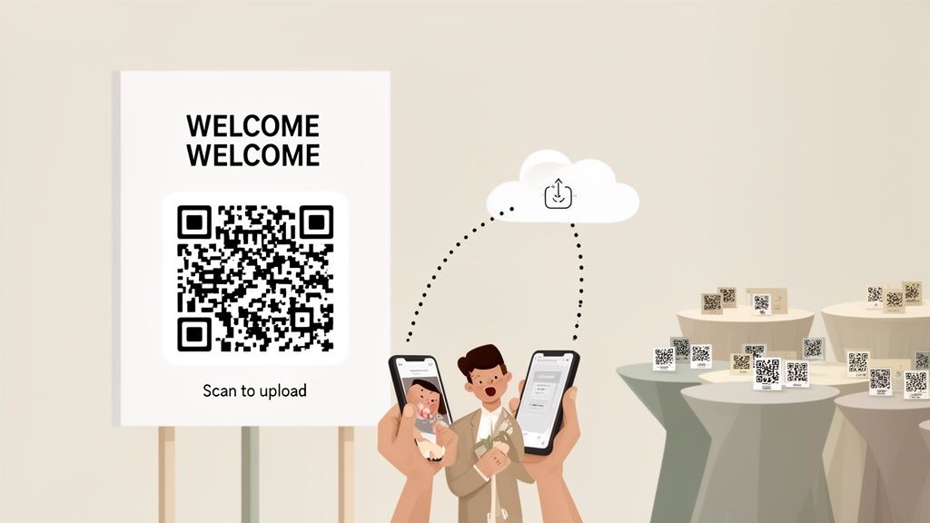 Guests at a wedding scan a QR code to upload photos to a shared cloud gallery.