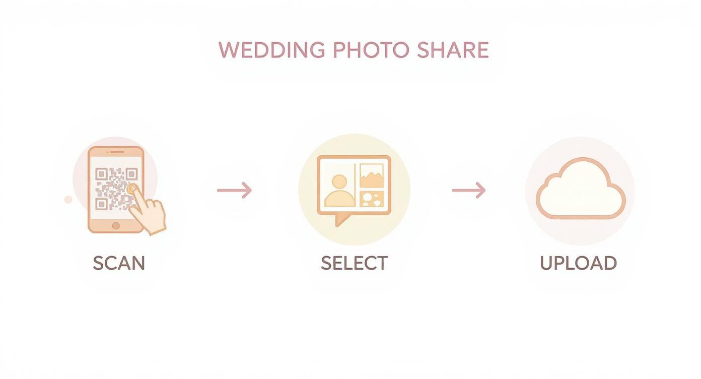 Infographic showing the process of wedding photo sharing with a QR code: Scan, Select, Upload.