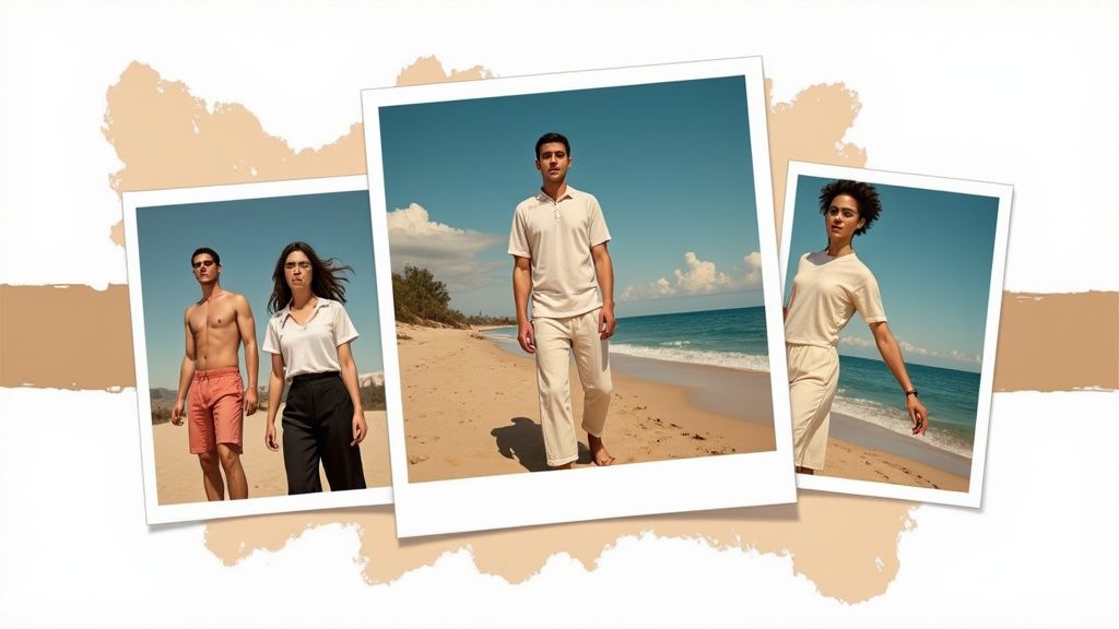 Three polaroid photos featuring diverse models wearing comfortable beachwear on sunny beaches.