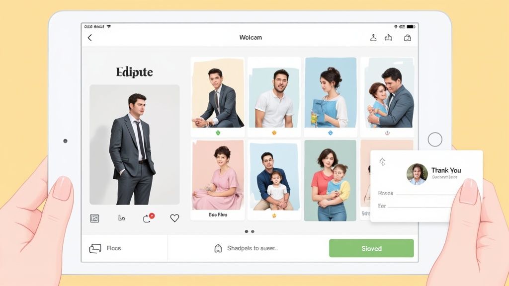 Mobile app interface showing professional portrait photos and family images with sharing and editing options