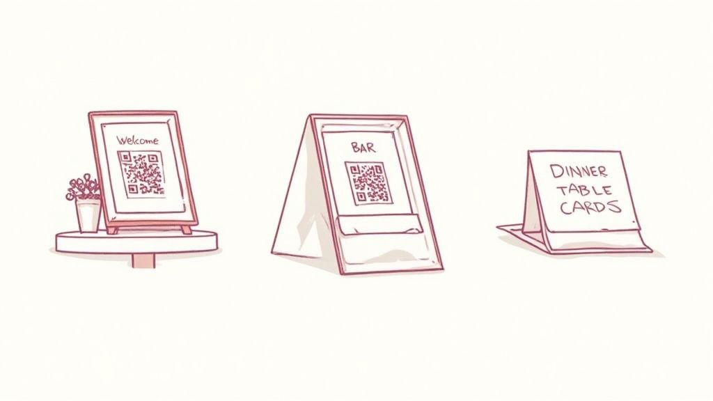 Framed QR code for a wedding photo album creator displayed on a beautifully decorated welcome table at a wedding venue.
