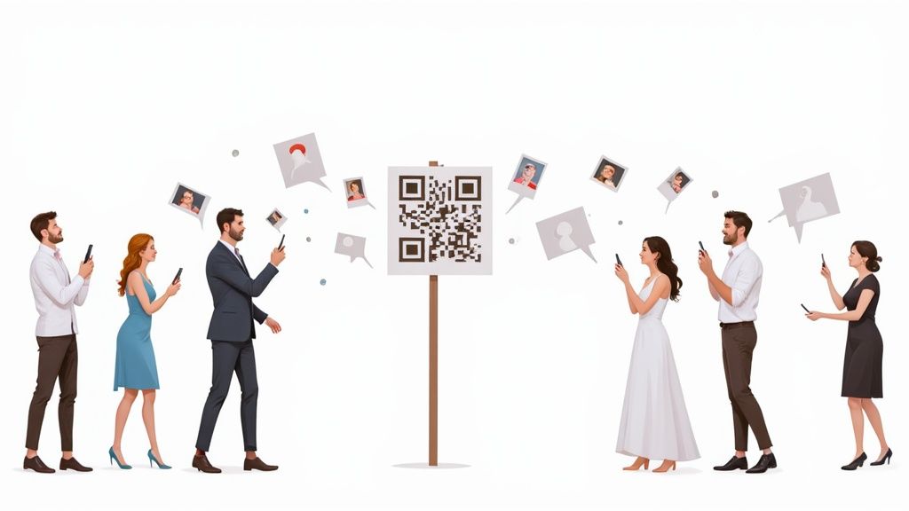 Guests using a phone to scan a QR code at a wedding event.