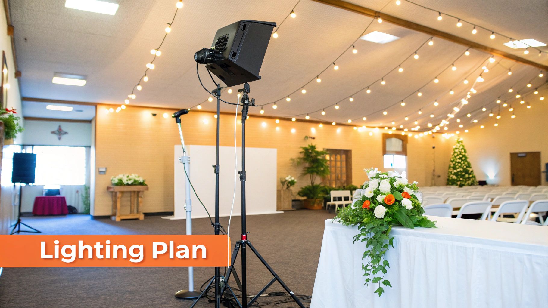 A photographer setting up off-camera flash on a light stand in a dimly lit wedding reception venue.