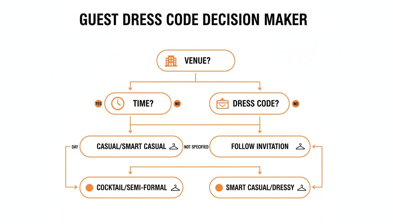 Flowchart diagram guiding guests on dress code decisions based on venue, event time, and specified dress code.