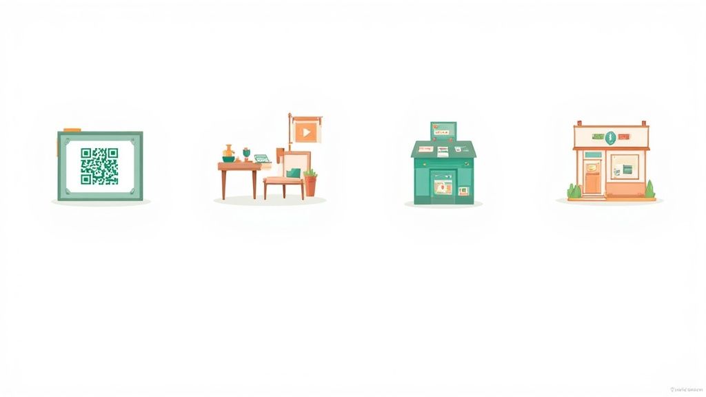 Four colorful illustrations showing a QR code, a desk setup, a small kiosk, and a retail store.