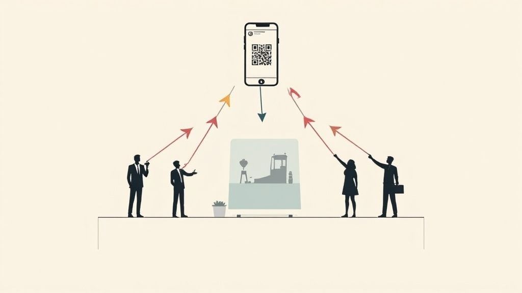 A wedding guest uses their phone to scan a QR code displayed on a table tent at a wedding reception.