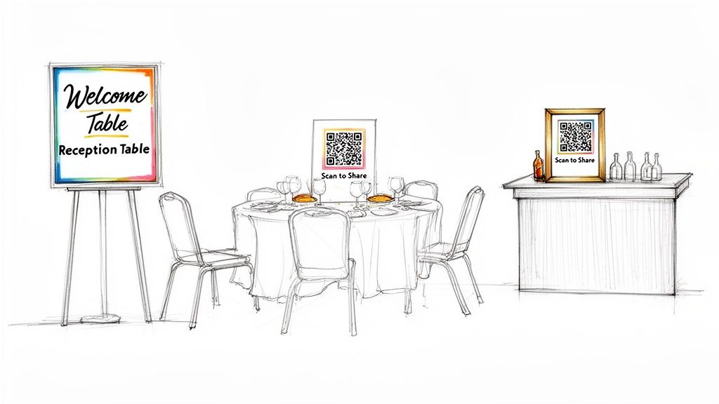 Sketch of a reception hall setup with a welcome sign, a dining table, a bar, and QR codes for sharing.