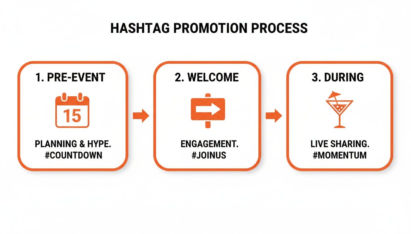 A three-step hashtag promotion process diagram showing pre-event planning, welcome engagement, and live sharing during the event.