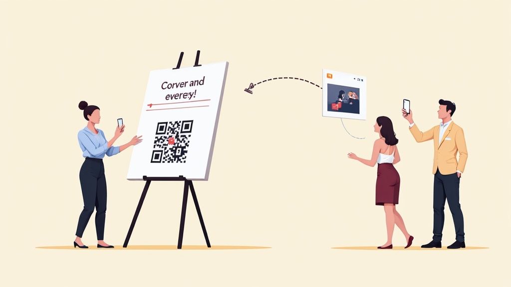 A guest's phone scanning a QR code on a wedding table sign to upload photos.