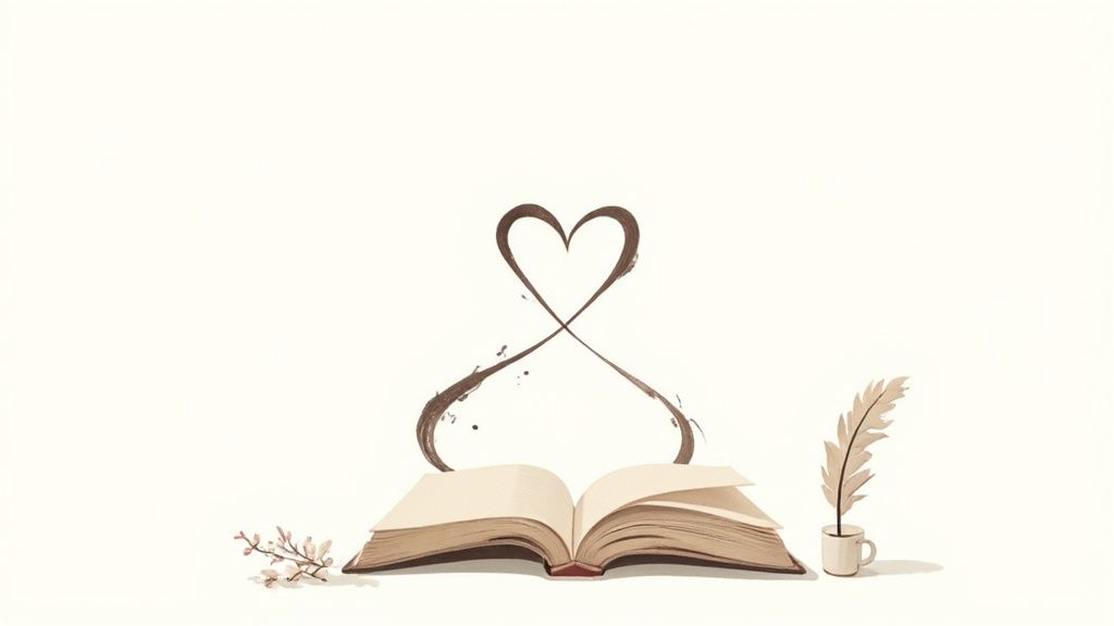 An open book with a heart-shaped ink swirl above it, accompanied by a quill and flowers.