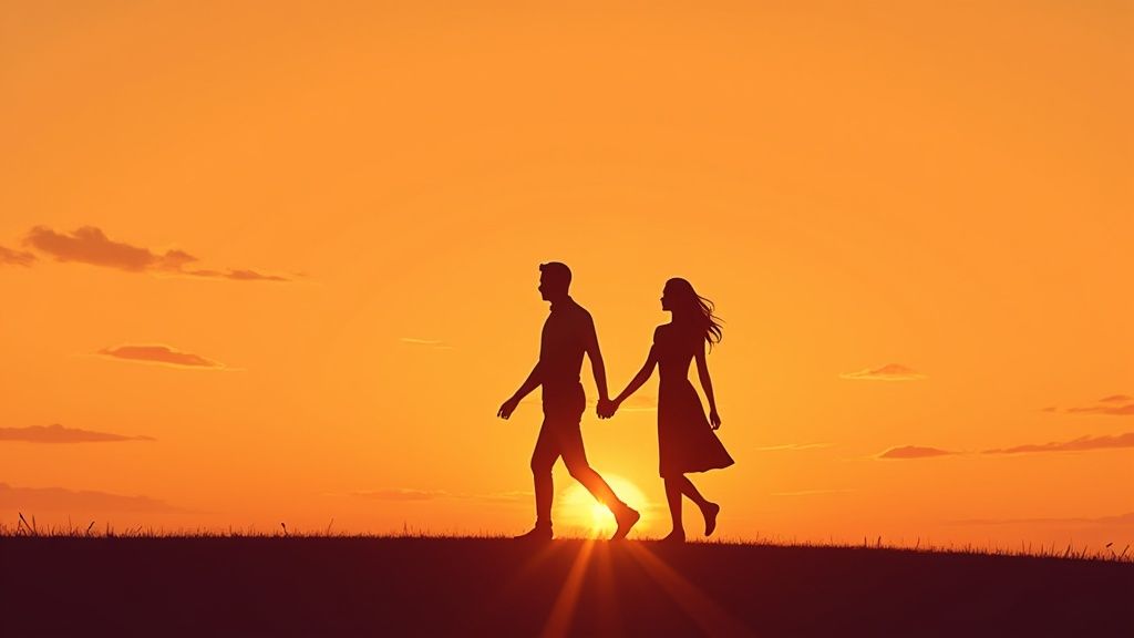 Couple silhouette holding hands walking at sunset with romantic golden sky backdrop