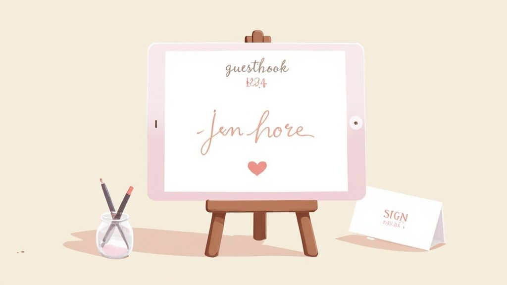 A digital wedding guestbook displayed on a pink tablet on an easel, with pencils and a 'SIGN' card.