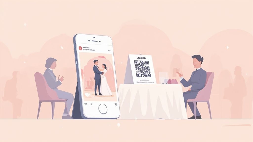 Guests at a wedding reception view a digital photo on a smartphone and a QR code stand.