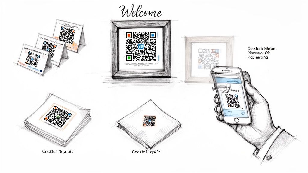 Sketches showing various QR code displays for events, including table tents, framed art, napkins, and smartphone scanning.