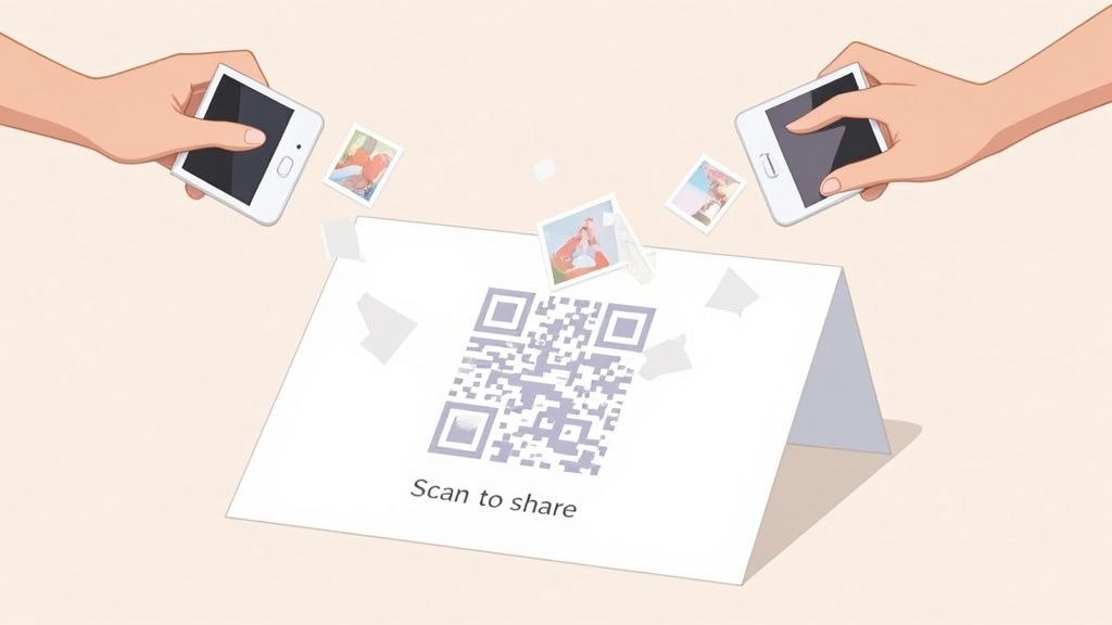 Two hands hold smartphones, scanning a QR code to share digital photos efficiently.