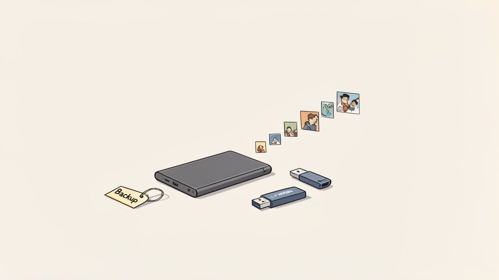 An external hard drive with a 'Backup' tag, two USB drives, and a stream of digital photos, illustrating data storage.