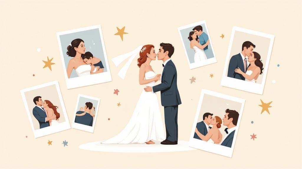 Couple looking at their wedding photos in a digital photo album on a tablet.