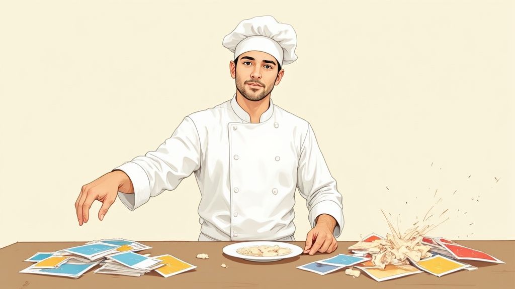 A chef observes a table with stacks of colorful cards, a plate of food, and scattered, crumpled papers.
