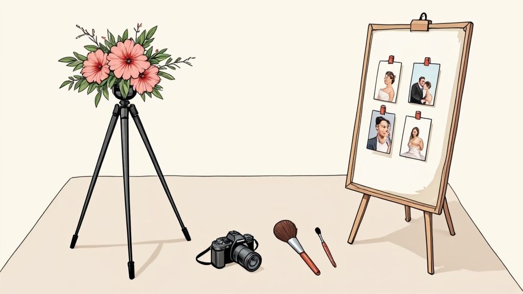 A beautifully arranged wedding portfolio book open on a table, showcasing professional photos.