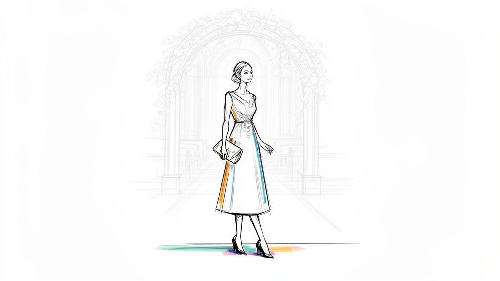 An elegant woman in a white dress and black heels, walking through a grand archway.