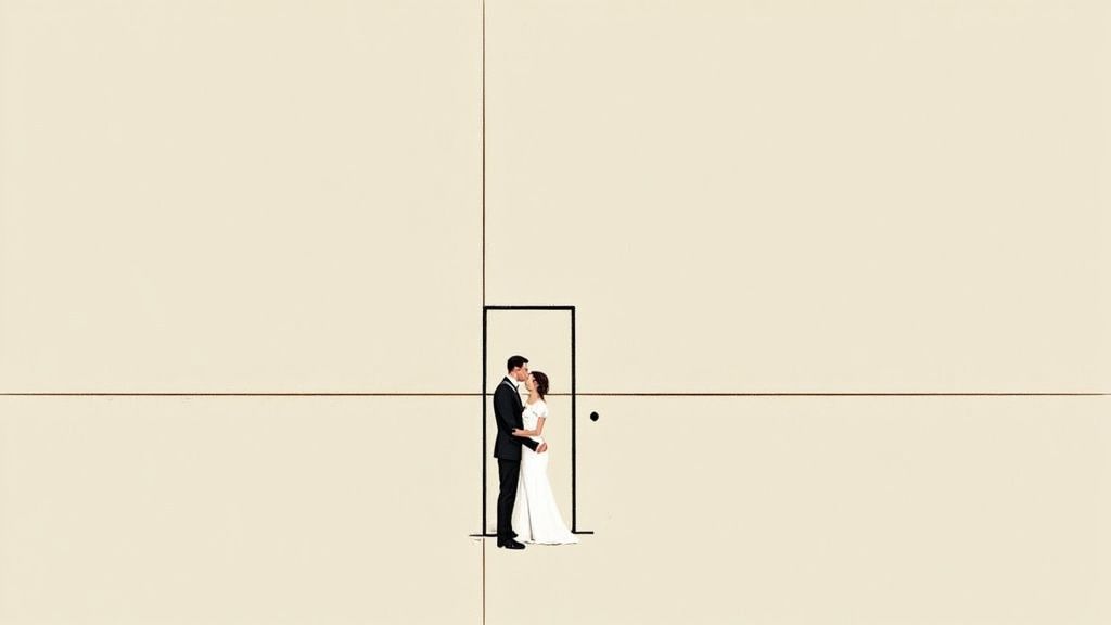 Minimalist wedding couple portrait with geometric lines and negative space composition