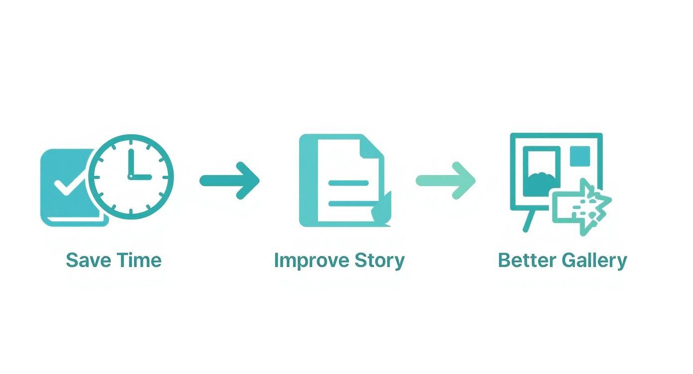 A three-step process diagram showing icons and text for Save Time, Improve Story, and Better Gallery.
