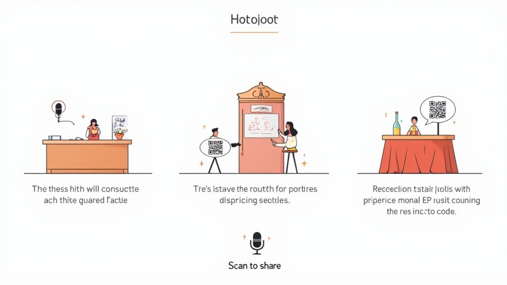 Illustration showing three diverse scenes with people interacting using QR codes for events and sharing.