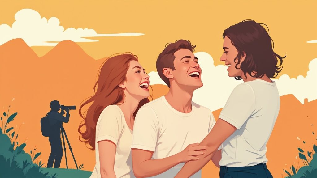 Three happy people laughing together during outdoor photo shoot with photographer in background