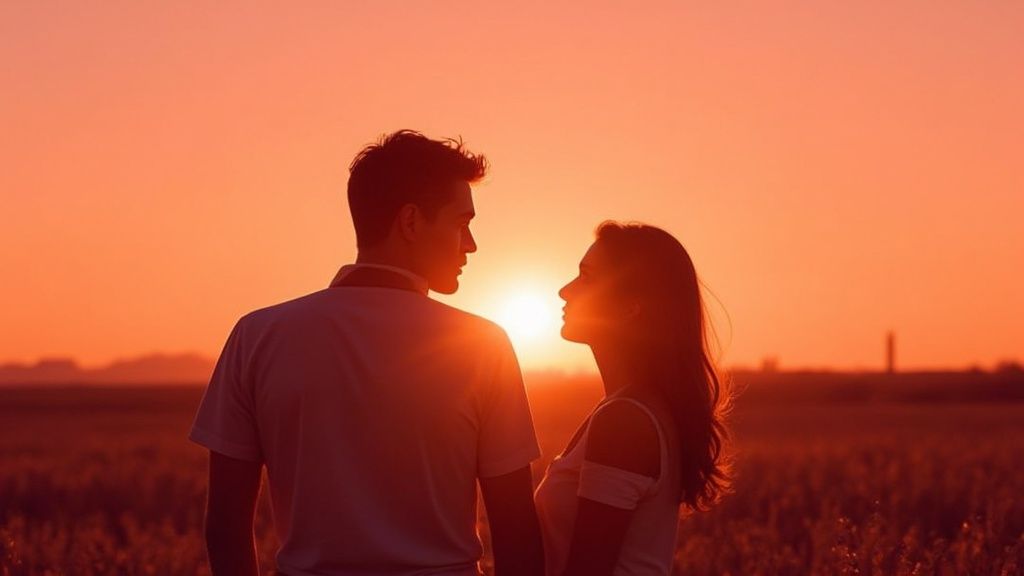 Romantic couple holding hands facing each other at sunset in golden hour light