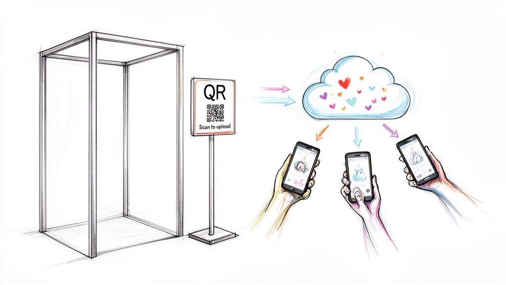 A sketch showing a photo booth, a QR code for uploading photos to a cloud, and people viewing them on smartphones.