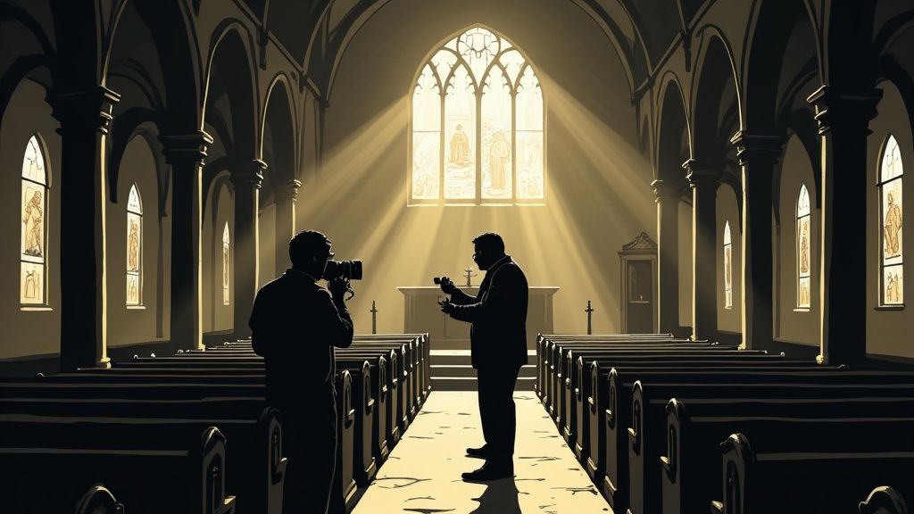 A wedding photographer holding a professional camera and smiling.