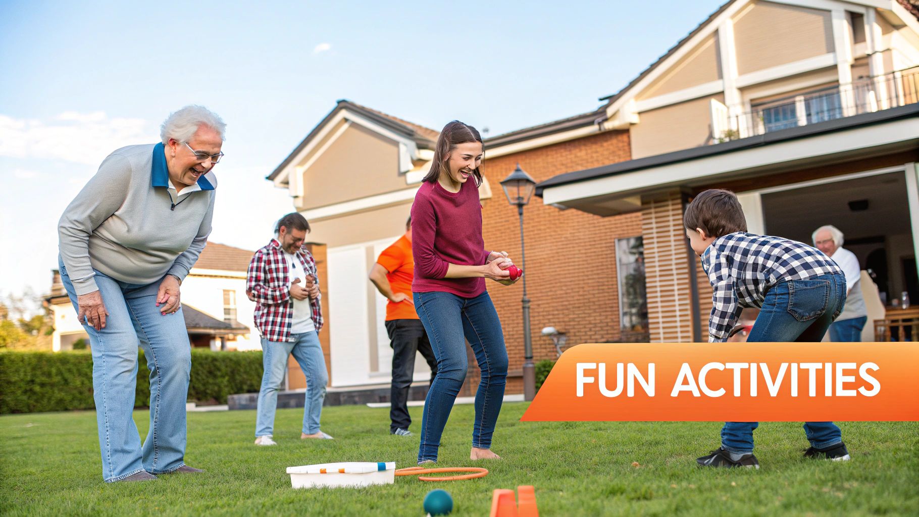 A family playing a game of tug-of-war on a sunny day at a family reunion.