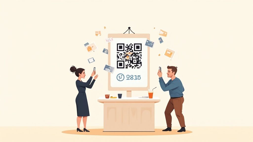 Two people scan a large QR code on a stand with their smartphones, surrounded by floating digital images.