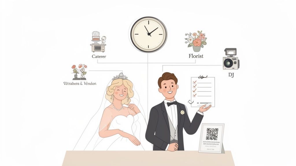 Illustration of a happy bride and groom managing their wedding timeline and various vendors like caterer, florist, and DJ.