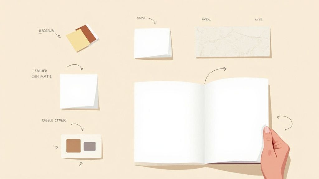 Illustration of album design elements including leather, acrylic, and paper samples with an open book.